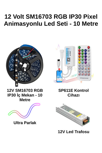 Kurayled SM16703 Ultra Parlak RGB Pixel LED Seti | SP611E Pixel LED Kontrolcü...
