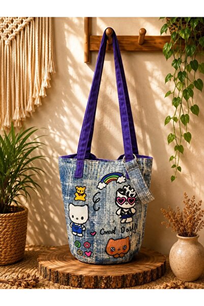 Street Bag حقيبة كتف وحقيبة يد بتصميم قطة لطيفة على الطراز الكوري، مزينة بنقو...