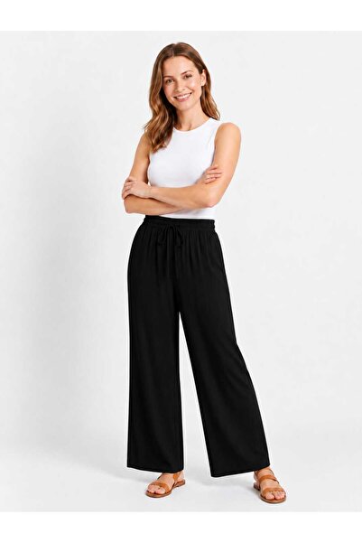 SSO Flowy Viscose Fabric, Elastic Waist, Self-Tie, Wide-Leg Slim Pants