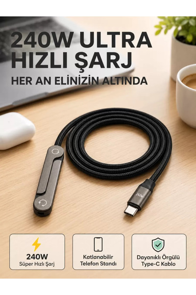 Nemere Örgülü 240W Type-C Katlanabilir Telefon Standlı Şarj Kablosu İthalat