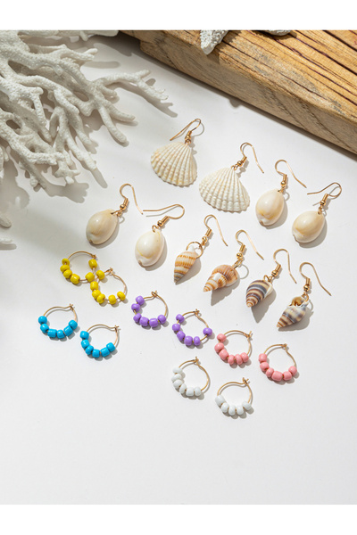 Take Two By Styli Set Of 10 - Beaded Hoop and Conch Shell Dangle Earrings
