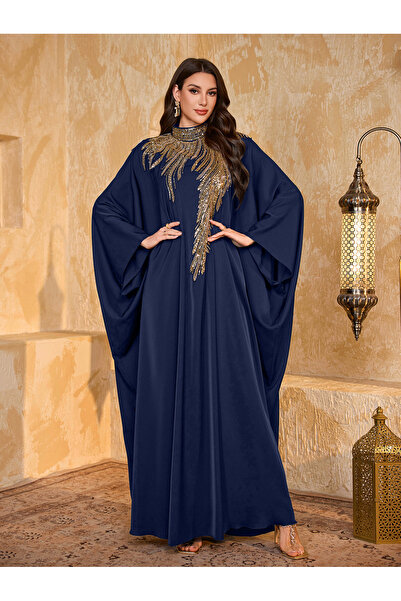SUPGIR Navy Blue Sequin Yoke High Neck Maxi Kaftan