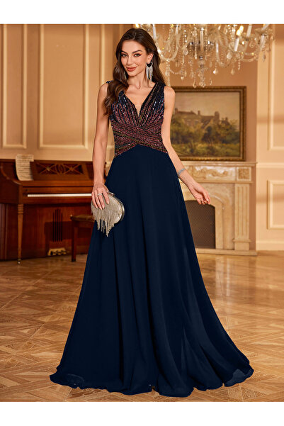 UNITHORSE Navy Blue Sequin A-Line Maxi Evening Dress