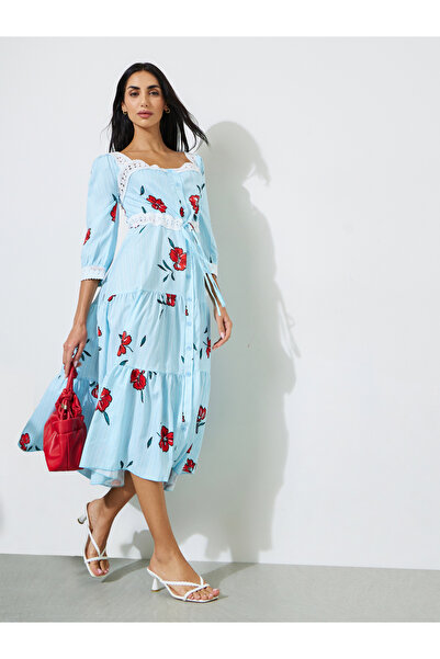 Styli Blue Floral Print Lace Details A-Line Midi Dress