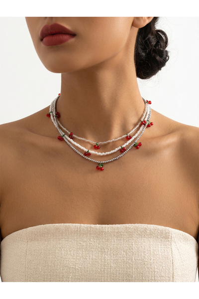 Take Two By Styli Set of 3 - Cherry Charm Beaded Necklace