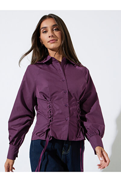 Styli Burgundy Lace Up Detail Raglan Sleeve Buttoned Shirt