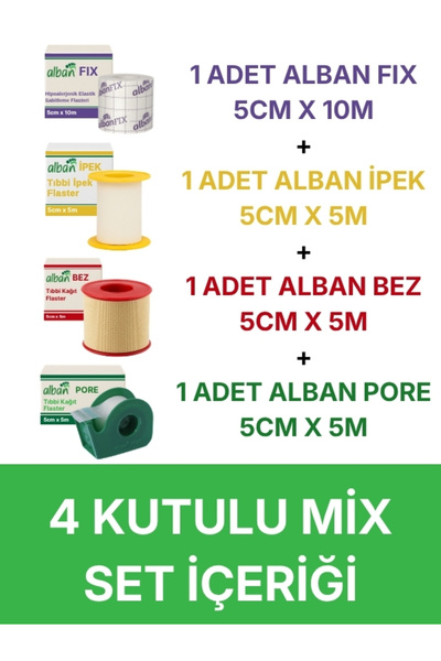 Alban 4 Kutulu Mix Flaster Seti – İpek, Bez, Kağıt Pore (5cmx5m) ve Fix Elast...