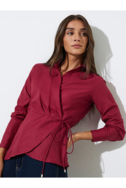 Styli Burgundy Collared Tie-Up Wrap Blouse