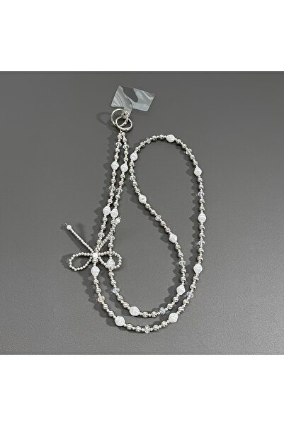 Choice silvery Creative New Phone Lanyard Pearl Bow Beaded Crossbody Bag Char...