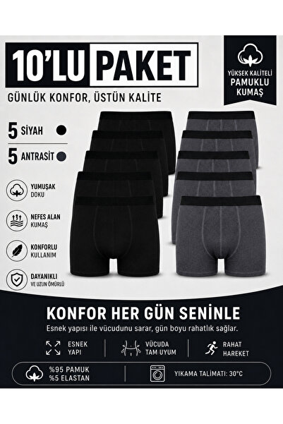 Erkek 10'lu Pamuk Boxer Siyah-Antrasit