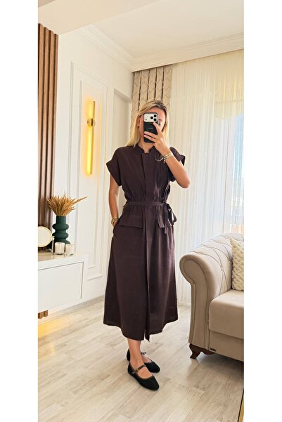 Hiloş Boutique Brown Belted Pocketed Midi Dress