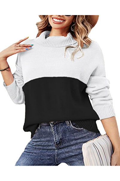 OEM Knitted loose long-sleeve blouse, women's pullover, white/black L