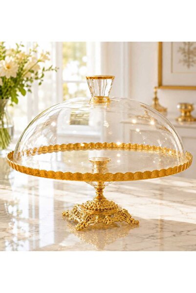 Buldem Gold Gilded Glass Fan-Shaped Cookie Holder and Cake Dish with Stand, D...