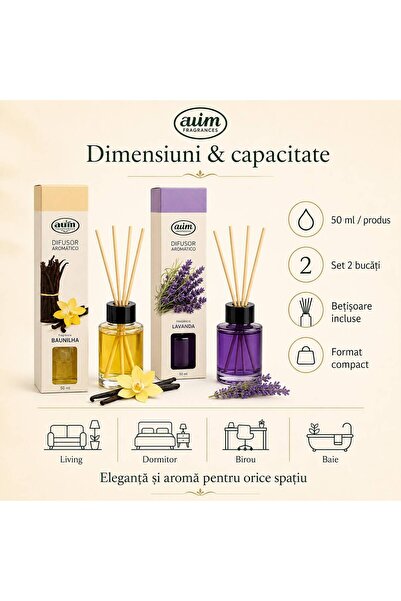 AUM Set Difuzoare Aromatice – 2 Arome Diferite (Vanilie & Lavandă) – 2×50 ml – Parfum de Cameră cu Bețișoare