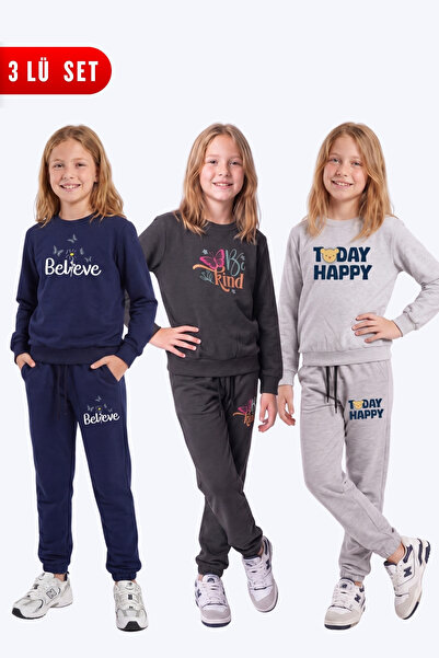 FYK KİDS Girl's 3-Piece Printed Crew Neck Double Pocket Tracksuit Set