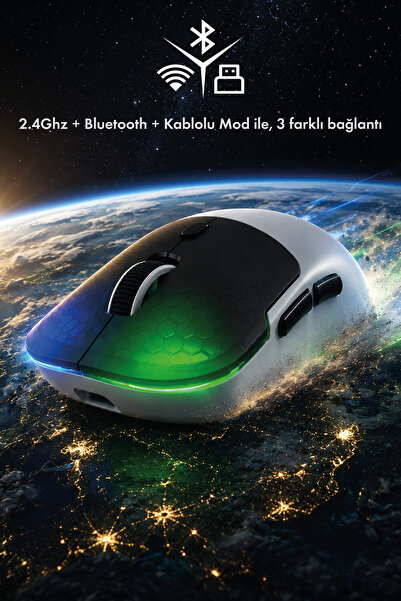 gameagle Neon X RGB Kablosuz + Bluetooth + 2.4G + Kablolu Ultra Hafif 69gr 1K Hz 12000DPI Oyuncu Mouse Beyaz