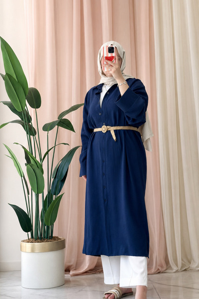 müqofficial Long Sleeve Buttoned Linen Shirt - Navy Blue