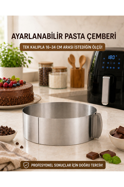 prokitchen Kek Kalıbı Paslanmaz Çelik Ayarlanabilir 16-34 cm Kilitli Sistem Fırın ve Airfryer Uyumlu