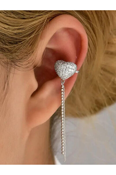 Zirkon Taşlı Sallantılı Zincirli Kalp Sıkıştırmalı Kıkırdak Küpe (Ear Cuff) - Gümüş Renk |