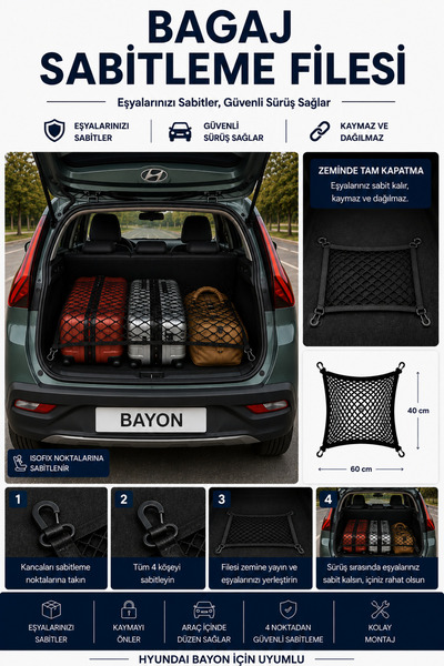 BEKSİT DRIVE Bagaj Sabitleme Filesi Hyundai Bayon Uyumlu(40x60)
