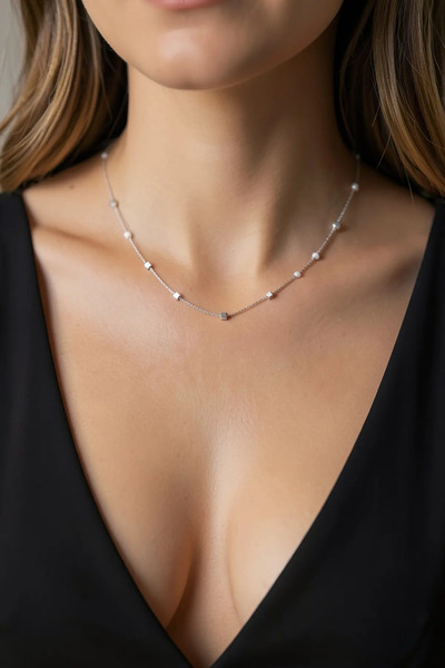 PRVT Silver Color Cube Station Necklace