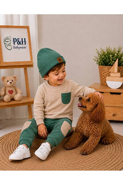 P&H BABYWEAR Ribbed Flexible Fabric Pocket Detailed Beret 3-Piece Baby Boy Set