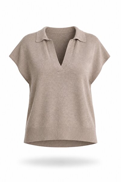 5in1Canpolat Beige Polo Collar Mercerized Knitwear 261057