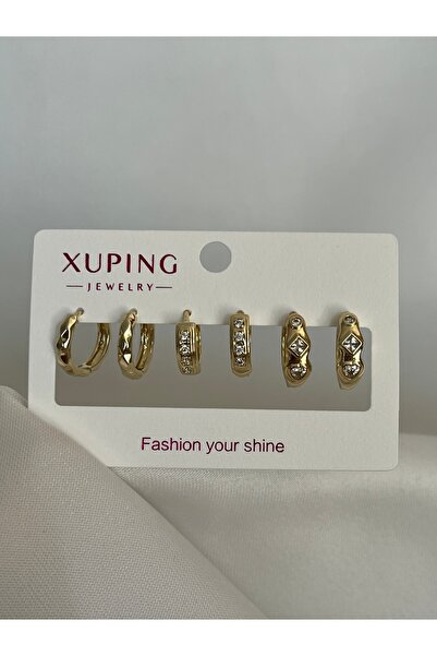 yeknova Xuping 14K Gold Renginde Taşlı 3 Çift (6adet) Kararmaz Kadın Halka Kü...