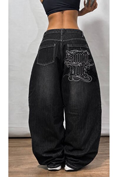 Karakedi Soultpole Black Washed White Stitch Detail Embroidered Baggy Y2K Den...
