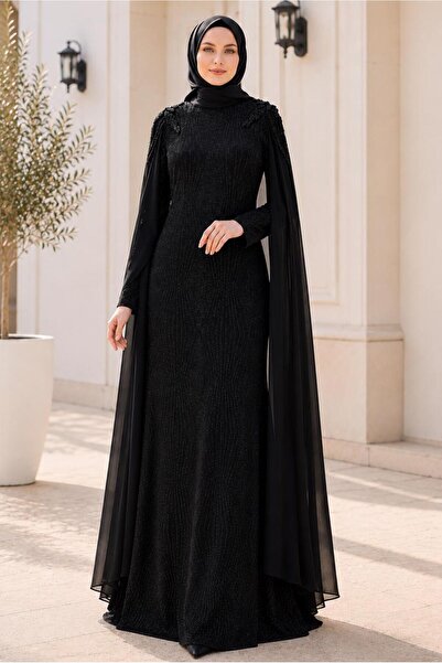 TRENDTESETTÜR KADIN SİYAH PELERİNLİ ABİYE ELBİSE T 8768