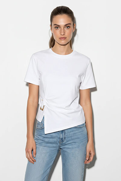 Efnaz style Women's Cotton Crew Neck Asymmetrical Cut White Blouse with Waist...