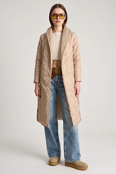 Efnaz style Women's Belted Shawl Collar Quilted Cream Coat