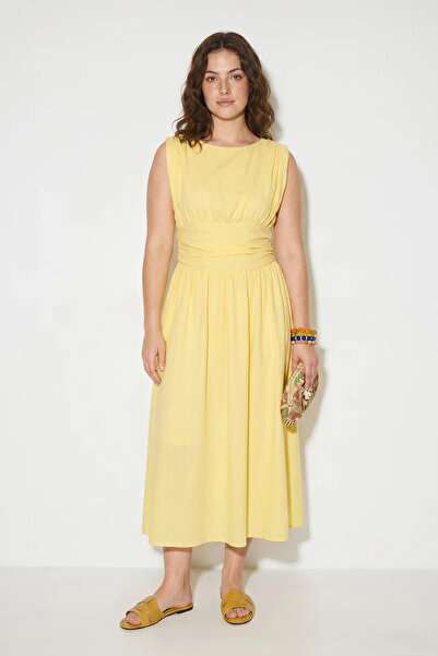 Efnaz style Women's Pocket Detailed Draped Waist Design Midi Yellow Dress