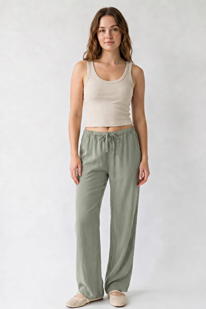 Efnaz style Women's Pocket Detailed Elastic Waist Tie-Up Summer Lyocell Khaki...