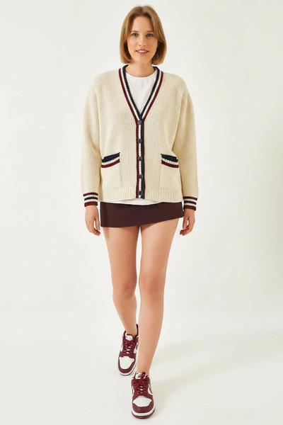 Generic Brand Women's Striped Thessaloniki Knitted Ecru Cardigan
