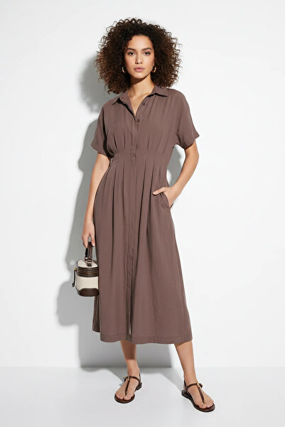 Efnaz style Women's Buttoned Pocket Detailed Waist-Fitted Midi Modal Smoke Dress