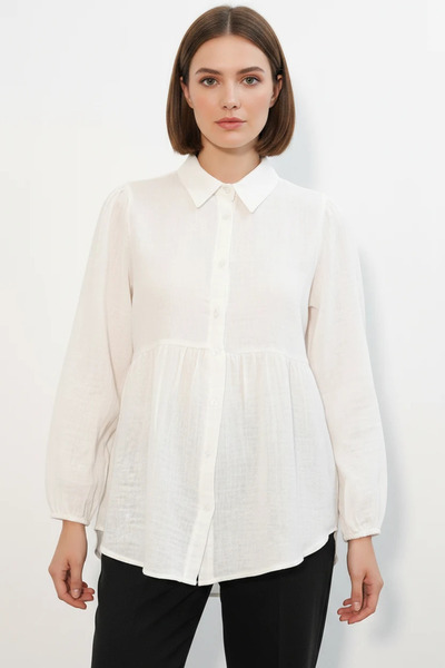 Generic Brand Women's Embossed Oversize Linen White Shirt with Gathered Waist