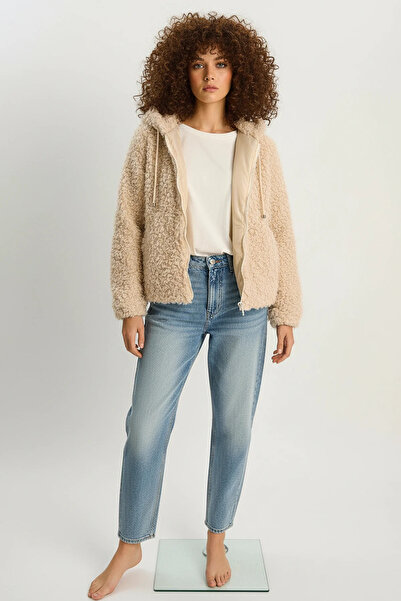 Efnaz style Women's Hooded Lined Teddy Cream Coat