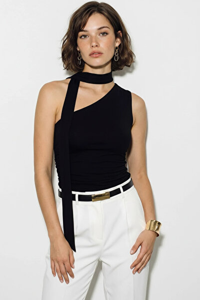Şeker Portakalım Women's Black Blouse with Halter Neck and One-Shoulder Draws...