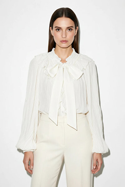Efnaz style Women's Collar Tie-Up Cream Shirt with Flounce Detail and Wrinkle...