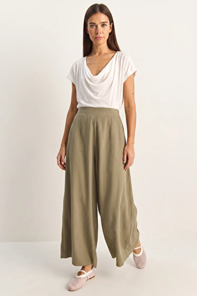 Efnaz style Women's Pocket Detailed Diagonal Modal Green Trousers Skirt