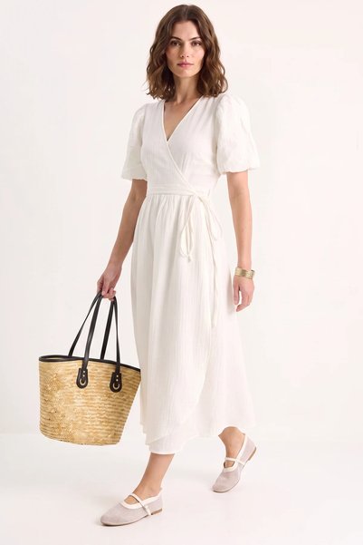 Generic Brand Rochie de damă, cu închidere la două piepturi, cu mâneci bufante, lungă, din muselină, ecru