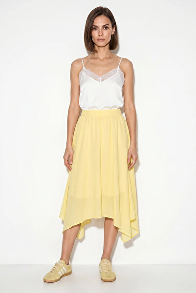 Efnaz style Women's Elastic Waist Lined Asymmetrical Cut Muslin Crinkle Yello...