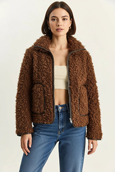 Generic Brand Women's Garni Detailed Lined Short Brown Jacket