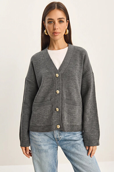 Şeker Portakalım Women's Buttoned Pocket Detailed V-Neck Long Sleeve Knitwear...