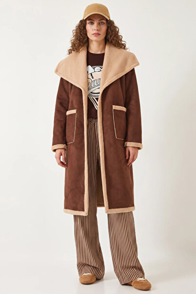 Generic Brand Women's Double Pocket Suede Brown Coat