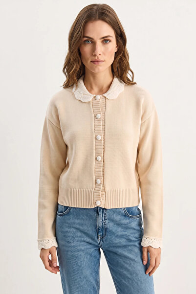 Generic Brand Women's Baby Collar Sleeve Detailed Knitwear Beige Cardigan