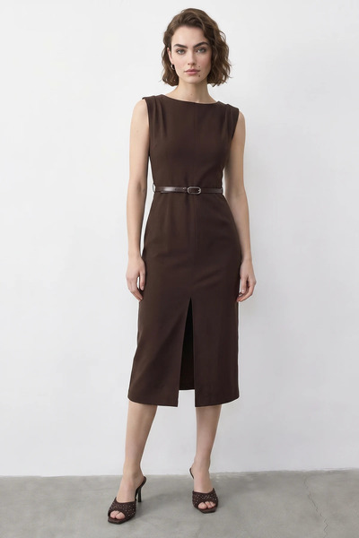 Generic Brand Women's Boat Neck Belted Front Slit Detailed Midi Pencil Bitter...