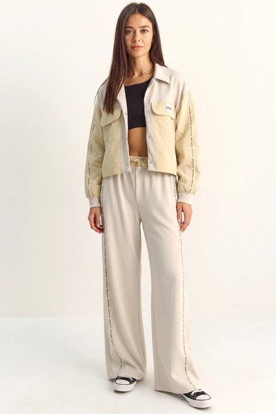 Efnaz style Women's Stripe Detailed Contrast Textured Jacket Wide Leg Beige T...