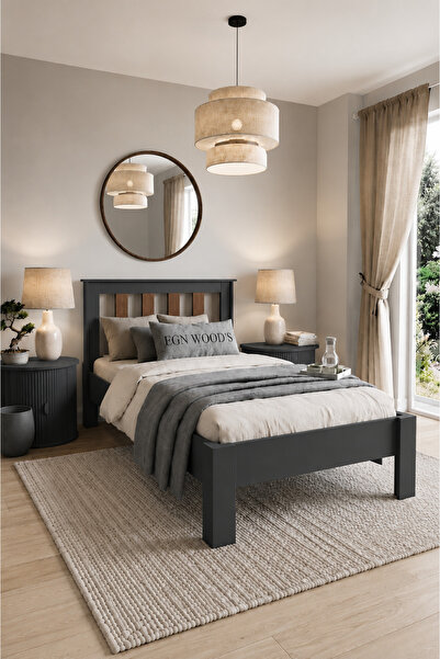 EGN WOODS Modern Karbon Gri MDF Karyola - Tek ve Çift Kişilik Yatak Ölçü Seçe...